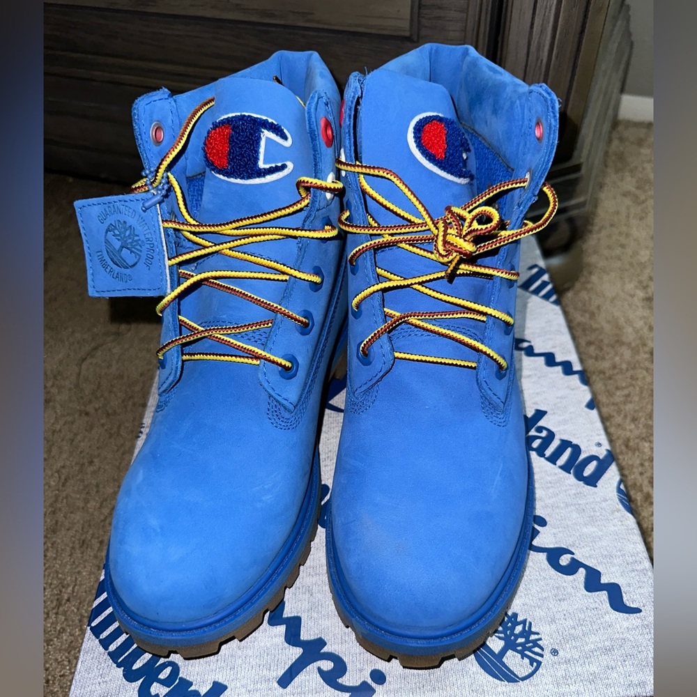 Kids/GradeSchool Champion x Timberlands Blue Boots. size 4.5